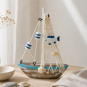 Ocean style vintage wooden sailboat ornament tabletop decor for home office desk decoration
