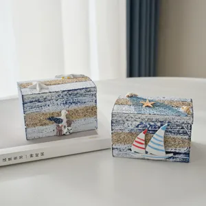 Mediterrane nautische houten opbergdoos set met kustdecoratie voor thuis display.