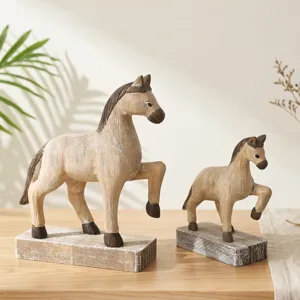 Retro wooden horse figurine set handmade desktop decor vintage animal sculpture ornaments