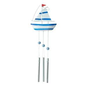 Mediterranean style sailboat wind chime, nautical hanging decor with blue white boat.