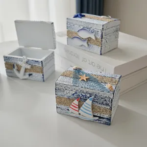 Mediterrane houten opbergdoos set, ocean stijlen decoratieve desktop organizer met anker.