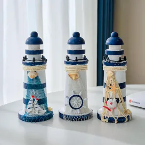 Nautical wooden lighthouse desktop ornament coastal style home decor photography prop 15cm
