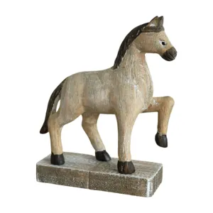 Vintage wooden horse figurine tabletop ornament, rustic handmade solid wood decor for living room.