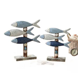 Set decorazione tavola pesce di legno stile marino, soprammobile casa vintage chic.