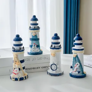 Set of 4 wooden lighthouse ornaments, blue and white maritime desktop decor photography props.