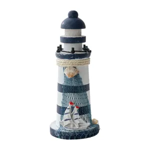 Wooden Nautical Lighthouse Tabletop Decoration Blue White Coastal Maritime Ornament Prop