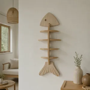 Étagère murale en bois en forme d'arête de poisson avec plusieurs niveaux pour rangement.