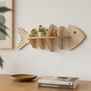 Étagère murale en bois en forme d'arête de poisson, organisateur déco minimaliste.