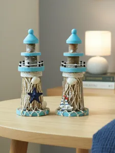 Wooden lighthouse detail showing nautical decor for coastal home table and shelf.