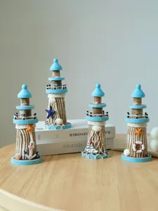 Mediterranean wooden lighthouse ornament set, miniature coastal decor for desktop and shelf.