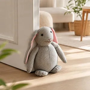 Cute plush lop-eared rabbit doorstop, fabric cartoon animal door stopper for home decor.