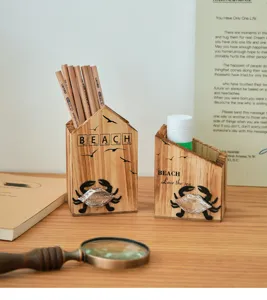 Mediterranean style wooden pen holder creative crab desktop organizer storage box for office decor.