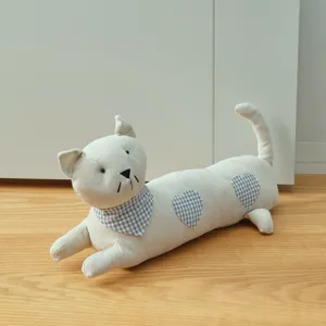 Charming fabric cat doorstop with plaid scarf, cute decorative anti-collision prop for bedroom.