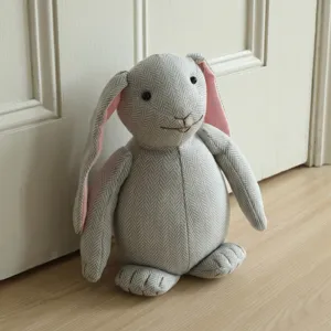 Grey herringbone fabric lop-eared rabbit doorstop, cute plush animal stopper for home.