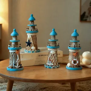 Mediterranean Style Wooden Lighthouse Desktop Ornament Nautical Watchtower Figurine For Home Restaurant Bar Decor