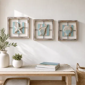 Mediterranean coastal wall art set featuring starfish and seashells, perfect for home decor.
