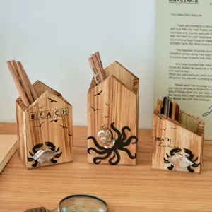 Mediterranean Style Wooden Pen Holder Desktop Storage Box Ocean Theme Crab Octopus Office Organizer Desk Decor Gift