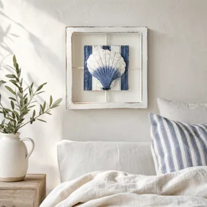 Mediterranean style seashell wall hanging decor, rustic wooden frame for home living room art.
