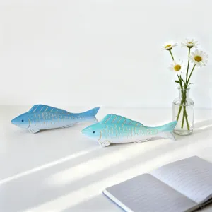 Mediterranean style wooden fish ornaments set, handmade desktop decor for living room.