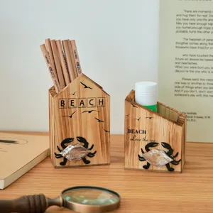 Mediterranean style wooden pen holder with cute crab decor, perfect desktop organizer for office.