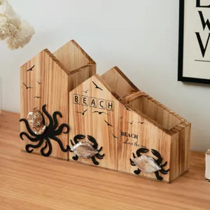 Wooden desktop organizer Mediterranean style ocean pen holder crab decor storage box office