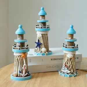 Mediterranean style wooden lighthouse tabletop ornament set home beach decor coastal figurines