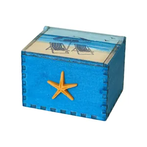 Mediterranean style wooden storage box with beach painting and starfish decor for desktop jewelry.