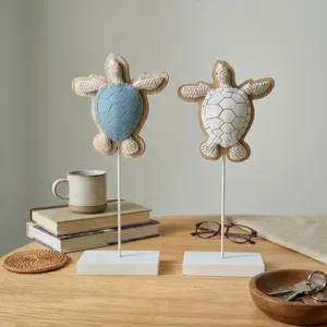 Mediterranean wooden standing turtle decorative ornament home tabletop craft display set of two