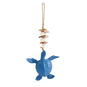 Mediterranean style blue sea turtle wall hanging decor with natural shells for home room.