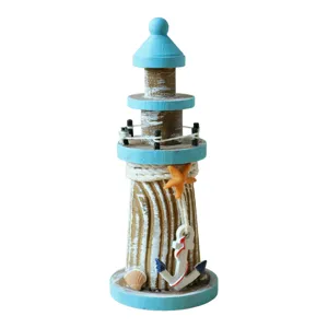 Mediterranean style wooden lighthouse table ornament with anchor and starfish decor for home.