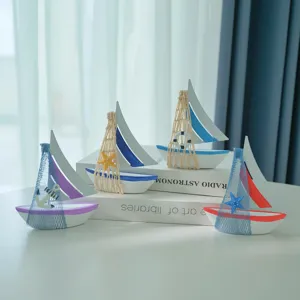 Mediterranean wooden sailboat model desk ornament nautical ocean style home decor main view
