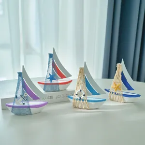 Mediterranean style wooden sailboat model set desktop nautical decor ornament for home office.