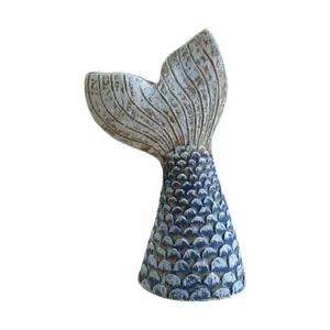 Mediterranean style resin mermaid tail sculpture, vintage blue white home decor ornament.