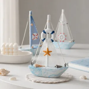 Mediterranean blue and white wooden sailboat model desktop home decor ornament craft.