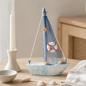 Mediterranean blue white wooden sailboat model nautical table decor home ornament ship