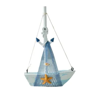 Mediterranean blue white wooden sailboat model desktop decoration nautical ornament for home decor
