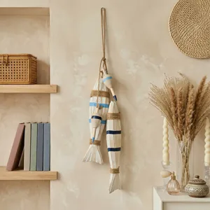 Style méditerranéen poisson en bois massif suspension murale corde de chanvre