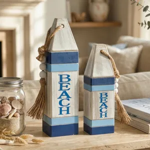 Nautical wooden buoy decor set with rope tassel coastal beach style home shelf table ornament