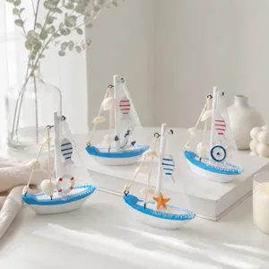 Mediterranes Mini Holz Segelboot Modell blau weiss nautische Tisch Deko Ornament Handwerk