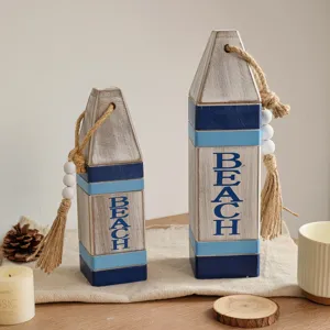 Mediterranean wooden buoy decor with BEACH text, coastal hanging ornaments for home wall.