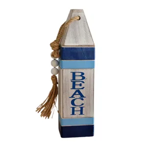 Mediterranean wooden buoy wall hanging with BEACH letter, rustic nautical home decor.