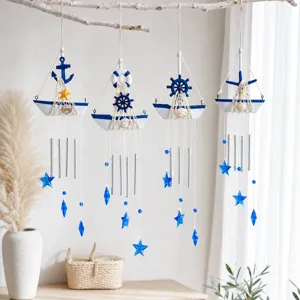 Carillón de Viento de Velero Mediterráneo Decoración Colgante Creativa de Madera Estilo Marítimo Ancla Timón Estrella de Mar para Hogar Balcón Entrada Colgante de Estrella Concha