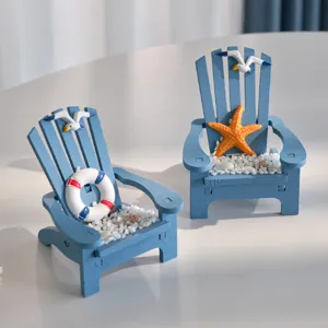 Mediterranean wooden beach chair miniature ornament set, blue desktop ocean decor with starfish.