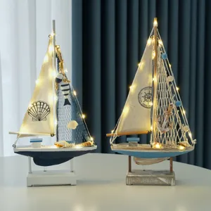 Nautical style wooden sailboat model with lights home decor desktop ornament gift