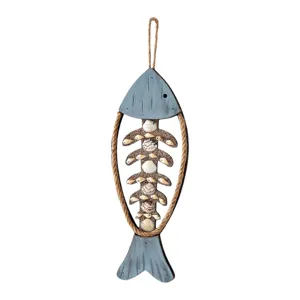 Mediterrane stijl houten vis wandhanger met natuurlijke schelpen en touw voor gang en kamer