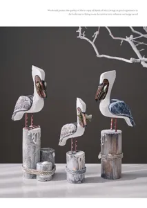 Wooden pelican figurines set Mediterranean rustic home decor animal desktop ornament gifts