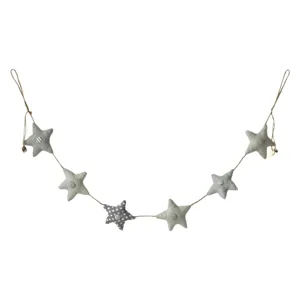 Ghirlanda di stelle in tessuto decorazione appesa, stelle a pois e righe grisesi su corda di juta.