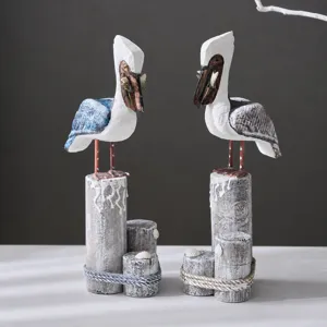 Mediterranean Wooden Bird Figurine Set Pelican Sculpture Handmade Painted Home Decor Tabletop Wood Ornaments