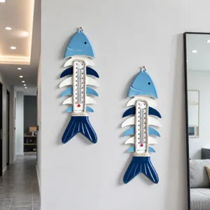 Appeso a Muro con Termometro a Spina di Pesce in Legno Stile Mediterraneo Blu e Bianco Decorazione Marina per Ingresso Soggiorno
