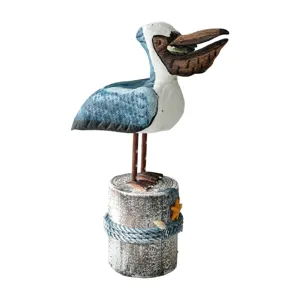 Figura de pelícano de madera tallada a mano con decoración náutica costera para hogar